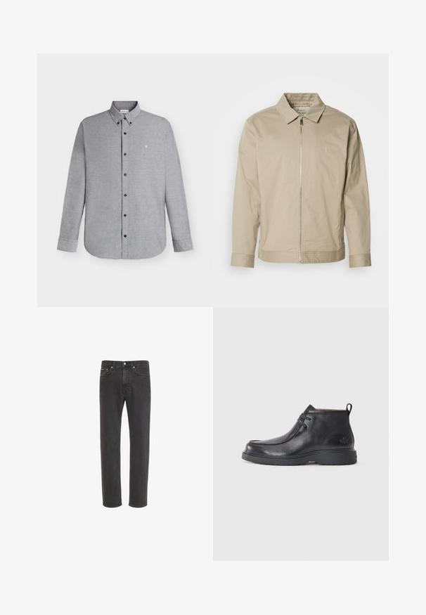 Veste légère beige avec un col, fermeture éclair à l'avant et logo brodé sur la poitrine gauche. Texture lisse avec une coupe ajustée.; Chemise gris clair à manches longues avec boutons, col boutonné et petit logo "cK" brodé sur la poitrine gauche.; Jean en denim noir à coupe droite avec fermeture avant par bouton et zip, poches avant et arrière, présenté sur fond blanc.; Bottes noires en cuir à talon arrondi, avec un design à lacets et une languette à l'arrière. Tige texturée et semelle en caoutchouc.