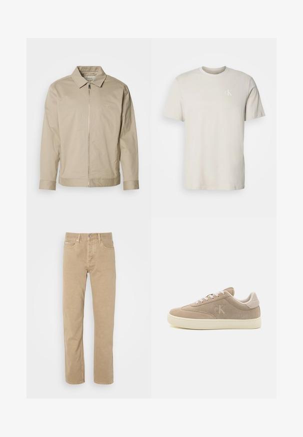 Chaqueta ligera beige con cuello solapa, cremallera frontal y logo bordado en el lado izquierdo del pecho. Textura suave con un corte ajustado.; Camiseta beige de algodón con cuello redondo y mangas cortas, con pequeño logo blanco "cK" en el lado izquierdo del pecho.; Pantalones de algodón beige con un diseño de pierna recta, que cuentan con bolsillos frontales, cierre de botón y detalles de costura sutiles a lo largo de las costuras.; Zapatillas de ante beige con un acabado texturizado, cordones blancos y suela crema. Presentan un sutil logotipo "ck" en el lateral y una marca en el talón.