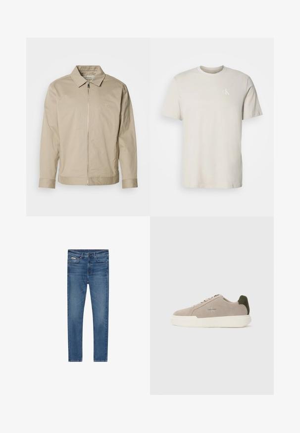 Chaqueta ligera beige con cuello solapa, cremallera frontal y logo bordado en el lado izquierdo del pecho. Textura suave con un corte ajustado.; Camiseta beige de algodón con cuello redondo y mangas cortas, con pequeño logo blanco "cK" en el lado izquierdo del pecho.; Vaqueros de mezclilla azul con corte ajustado, cinco bolsillos, cierre con botones y sutiles desgastes en los muslos y las rodillas.; Zapatillas de piel de ante beige con suela de goma blanca, que presentan un acento en el talón de color verde oscuro y un sutil logo en el lateral.