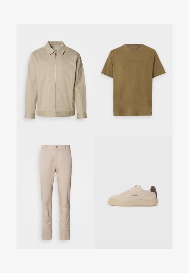 Beige leichte Jacke mit Kragen, Frontreißverschluss und gesticktem Logo auf der linken Brust. Glatte Textur mit taillierter Passform.; Olivgrünes Kurzarm-T-Shirt aus Baumwolle mit erhabenem "Calvin Klein"-Logo auf der Brust, Rundhalsausschnitt und lockerem Schnitt.; Beige Baumwoll-Chinos mit geradem Schnitt, Gürtelschlaufen, einem einzelnen vorderen Knopf und einer glatten, untexturierten Oberfläche. Keine Taschen sind sichtbar.; Beige Wildleder-Sneaker mit runder Spitze, Schnürung vorne und einem braunen Wildlederakzent an der Ferse. Verfügt über eine strukturierte Gummisohle.