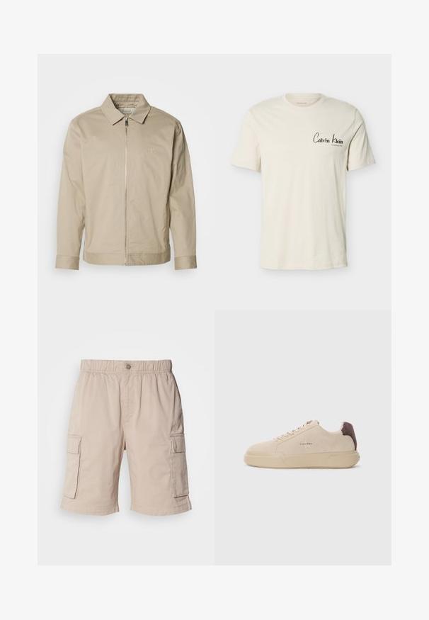 Chaqueta ligera beige con cuello solapa, cremallera frontal y logo bordado en el lado izquierdo del pecho. Textura suave con un corte ajustado.; Camiseta de manga corta color blanco roto con el logo de Calvin Klein y el texto "Established 1968" en el lado izquierdo del pecho, cuello redondo, diseño sencillo.; Pantalones cortos de carga beige con cintura elástica, cierre de botón, dos bolsillos laterales y bolsillos adicionales en los muslos. Tejido ligero.; Zapatilla de ante beige con punta redondeada, cordones en la parte frontal y un acento de ante marrón en el talón. Cuenta con una suela de goma texturizada.