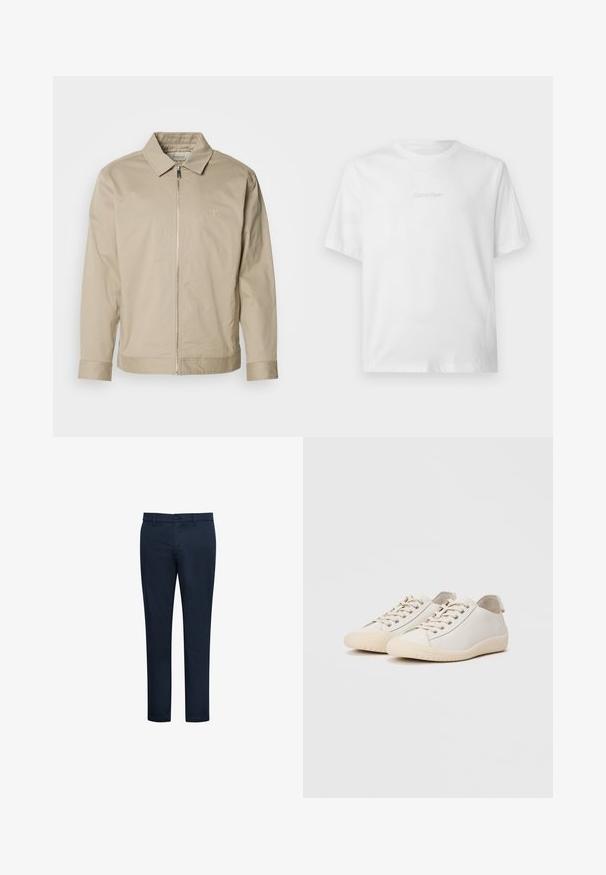 Chaqueta ligera beige con cuello solapa, cremallera frontal y logo bordado en el lado izquierdo del pecho. Textura suave con un corte ajustado.; Camiseta blanca de manga corta con cuello redondo y discreto logo en relieve de Calvin Klein centrado en el pecho.; Pantalones chinos azul marino con textura suave, corte ajustado, trabillas para cinturón, bolsillos frontales y cierre con botón. Diseño limpio y detalles mínimos.; Zapatillas blancas de cuero liso con costuras al tono, cierre de cordones, puntera redondeada y suela de goma texturizada.