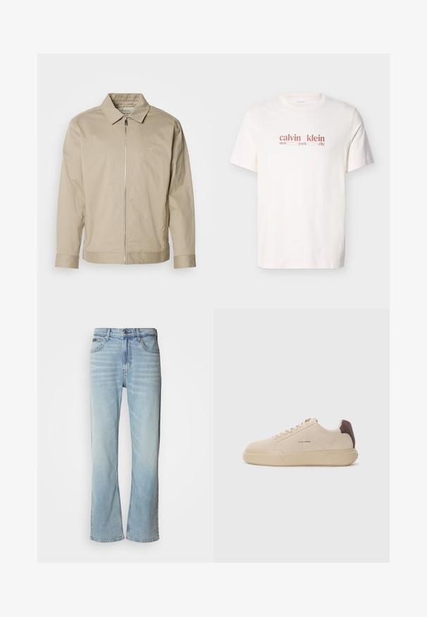 Beige lichtgewicht jas met een kraag, rits aan de voorkant en geborduurd logo op de linkerkant van de borst. Glad textuur met een getailleerde pasvorm.; Witte katoenen T-shirt met rode tekst waarop staat "calvin klein new york city." Korte mouwen en een ronde hals.; Lichtblauwe denim jeans met een rechte pijp, voorzien van vijf zakken, een knoopsluiting en subtiele vervaging op de stof.; Beige suède sneakers met een ronde neus, vetersluiting aan de voorkant en een bruine suède accent op de hiel. Beschikt over een gestructureerde rubberen zool.