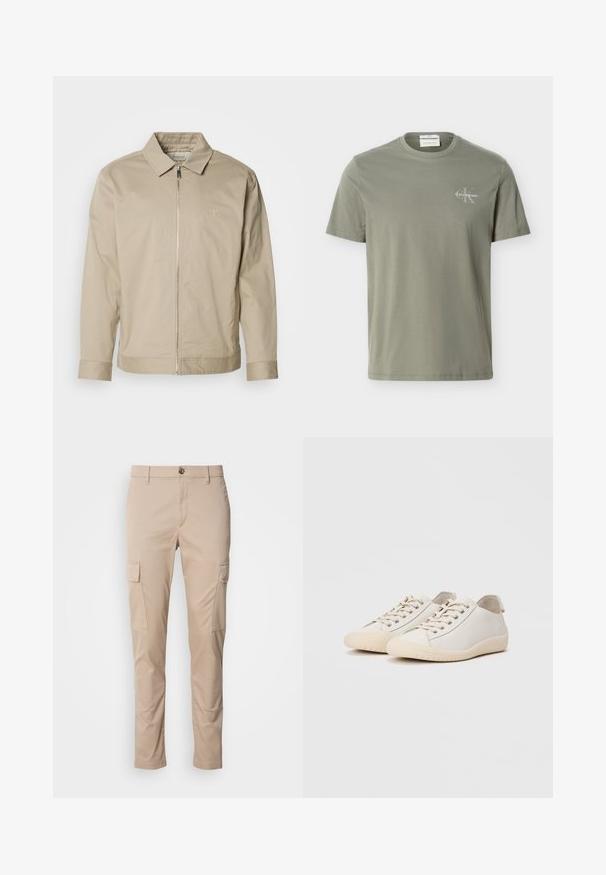 Beige letvægtsjakke med krave, lynlås foran og broderet logo på venstre bryst. Glat tekstur med skræddersyet pasform.; Lysegrøn kortærmet t-shirt med rund hals og lille hvid Calvin Klein-logo på venstre bryst.; Beige cargo bukser med to sidelommer, slim fit, lavet af letvægtsstof, med en frontknaplukning og bæltesløjfer.; Hvide sneakers lavet af glat læder med tonede stikninger, snørebåndslukning, rund tå og en tekstureret gummisål.