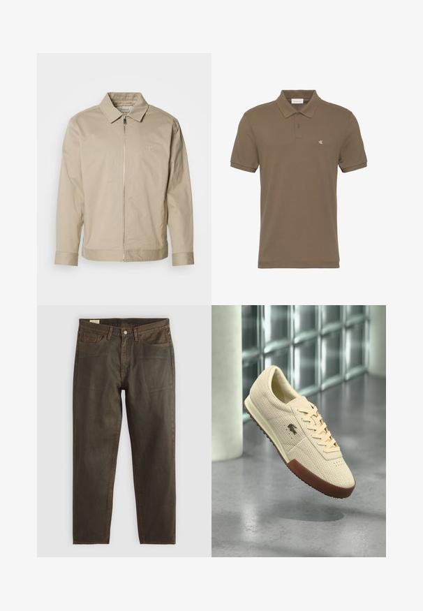 Beige leichte Jacke mit Kragen, Frontreißverschluss und gesticktem Logo auf der linken Brust. Glatte Textur mit taillierter Passform.; Braunes Polo-Shirt mit kurzen Ärmeln, zwei Knöpfen und kleinem weißen "CK"-Logo auf der linken Brust.; Dunkelgrüne Denim-Jeans mit geradem Schnitt, ausgestattet mit kupferfarbenen Nähten, einem klassischen Fünf-Taschen-Design und einem Knopfverschluss.; Beiger perforierter Sneaker mit Schnürverschluss, ausgestattet mit einer braunen Gummisohle und einem kleinen Logo an der Seite. Strukturierter Obermaterial mit dezenten Akzenten.