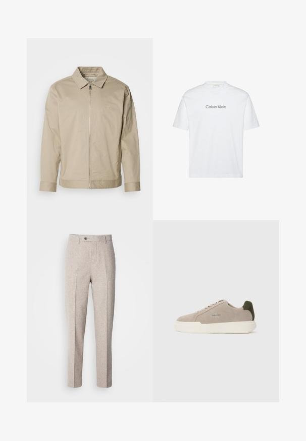 Beige lichtgewicht jas met een kraag, rits aan de voorkant en geborduurd logo op de linkerkant van de borst. Glad textuur met een getailleerde pasvorm.; Wit katoenen t-shirt met korte mouwen. Voorzien van een ronde hals en een gedrukte "Calvin Klein"-logo in grijs over de borst.; Lichtbeige wollen broek met een zachte textuur, rechte snit, voorplooien en een enkele knoopsluiting bij de tailleband.; Beige suède sneakers met een witte rubberen zool, voorzien van een donkergroene hielaccent en subtiele branding aan de zijkant.