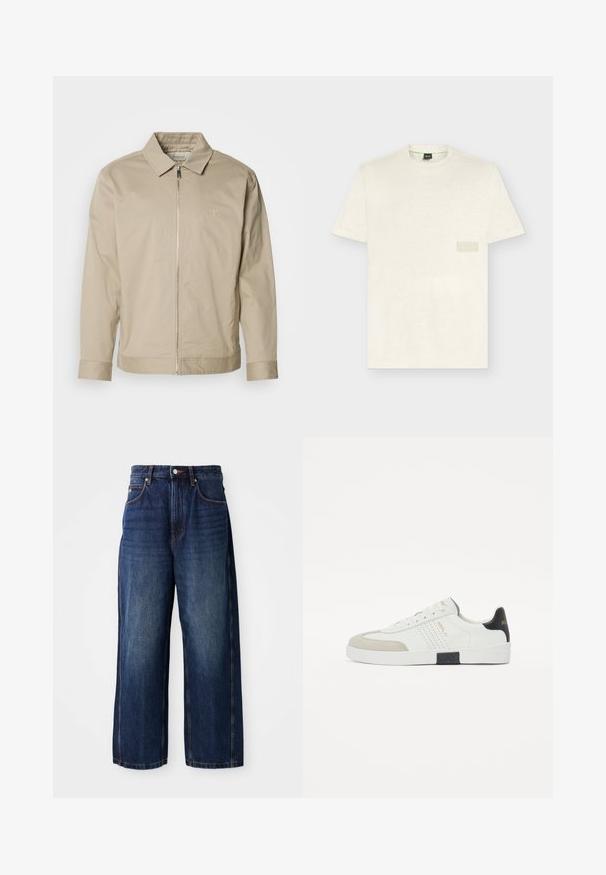 Beige lichtgewicht jas met een kraag, rits aan de voorkant en geborduurd logo op de linkerkant van de borst. Glad textuur met een getailleerde pasvorm.; Off-white T-shirt met korte mouwen en een ronde hals, met een subtiel rechthoekig patch op de borst en een merklabel in de nek.; Donkerblauwe wijde-denim jeans. Kenmerken zijn een klassieke tailleband met riemlussen, zwarte zakken aan de voorkant en een rechte silhouet.; Witte leren sneakers met grijze en beige suede accenten, geperforeerde details aan de zijkanten en een zwarte hiel met geperst logo. Platte rubberen zool.
