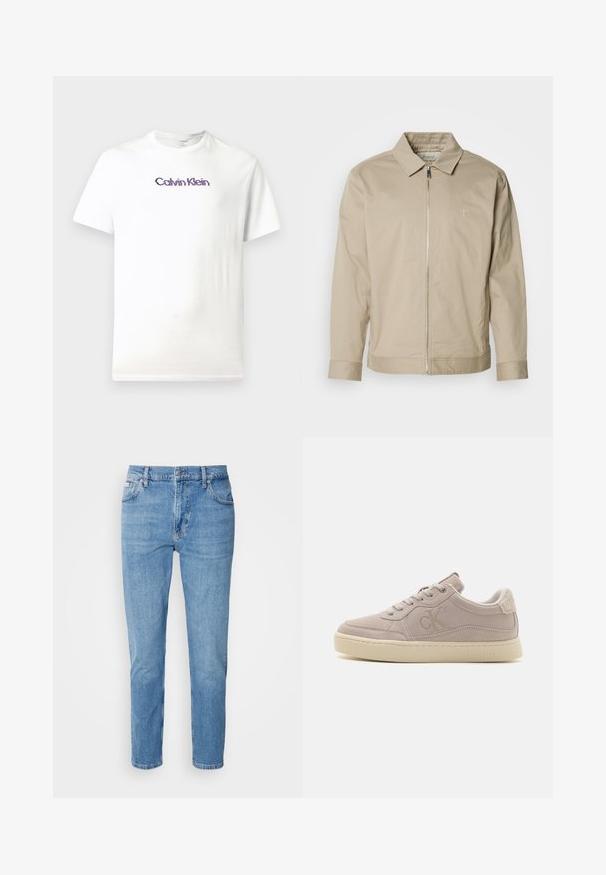 Chaqueta ligera beige con cuello solapa, cremallera frontal y logo bordado en el lado izquierdo del pecho. Textura suave con un corte ajustado.; Camiseta de algodón blanca con cuello redondo, mangas cortas y un logo morado de "Calvin Klein" impreso en el pecho.; Vaqueros de mezclilla azul claro con corte recto, diseño de cinco bolsillos y un sutil desgastado. Presentan un cierre de botón y pasadores para cinturón.; Calvin Klein Jeans CLASSIC CUPSOLE ICONIC - Zapatillas - eggshell creamy white