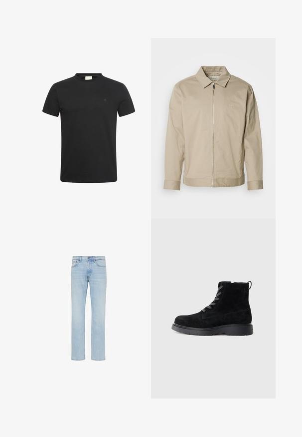 Beige leichte Jacke mit Kragen, Frontreißverschluss und gesticktem Logo auf der linken Brust. Glatte Textur mit taillierter Passform.; Schwarzes T-Shirt mit kurzen Ärmeln und Rundhalsausschnitt mit kleinem, dezentem "cK" Logo auf der linken Brust.; Hellblaue Straight-Leg-Jeans aus Denim mit vorderem Knopf, Reißverschluss und Fünf-Taschen-Design, gezeigt auf weißem Hintergrund.; Schwarze Wildleder-Stiefeletten mit einer strukturierten Oberfläche, runder Zehenpartie, grauen Schnürsenkeln und einer stabilen schwarzen Sohle. Verfügt über eine kleine Zuglasche an der Rückseite.