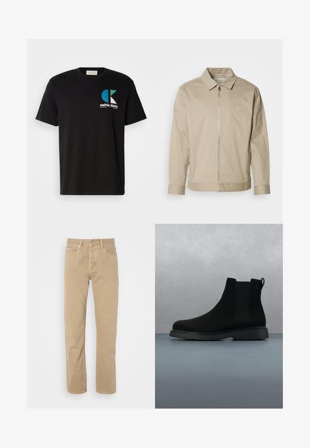 Beige leichte Jacke mit Kragen, Frontreißverschluss und gesticktem Logo auf der linken Brust. Glatte Textur mit taillierter Passform.; Schwarzes Baumwoll-T-Shirt mit einem Grafikdesign, das das Logo "calvin klein" in Weiß, Türkis und Pink zeigt. Runder Ausschnitt und kurze Ärmel.; Beige Baumwollhose mit geradem Bein, ausgestattet mit Fronttaschen, einem Knopfverschluss und dezenten Nähten entlang der Säume.; Schwarze Knöchelstiefel aus glattem Material mit subtilen Nähten, einer Gummisohle und einem eleganten Design, platziert auf einer Oberfläche mit Holzstruktur.