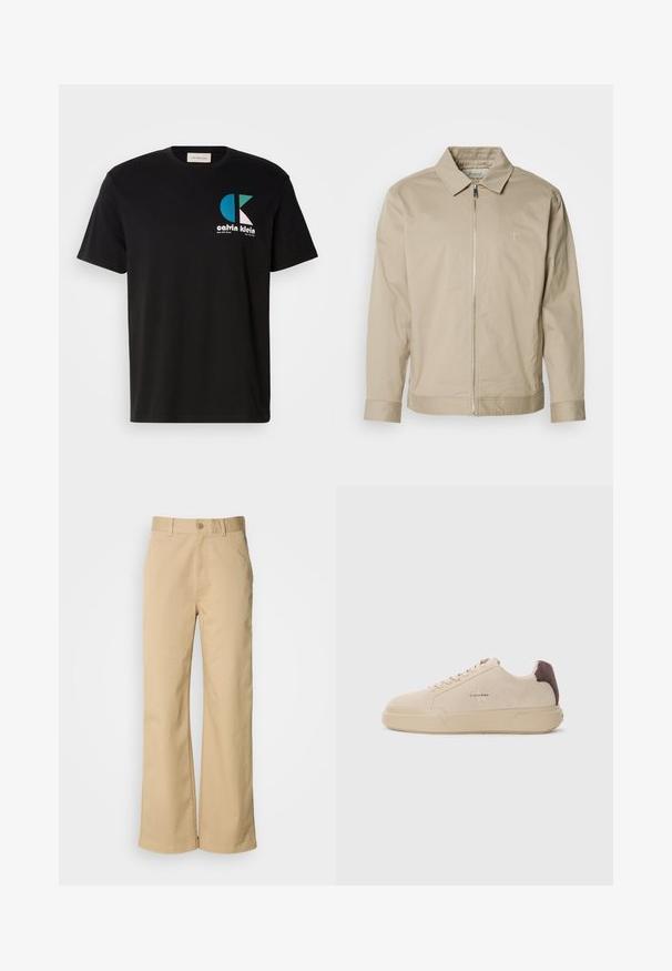 Chaqueta ligera beige con cuello solapa, cremallera frontal y logo bordado en el lado izquierdo del pecho. Textura suave con un corte ajustado.; Camiseta de algodón negra con un diseño gráfico que presenta el logotipo "calvin klein" en blanco, verde azulado y rosa. Cuello redondo y mangas cortas.; Pantalones beige de pierna ancha, hechos de una mezcla de algodón. Presentan un cierre de botón y trabillas para cinturón. Textura suave, con detalles de costura mínimos.; Zapatilla de ante beige con punta redondeada, cordones en la parte frontal y un acento de ante marrón en el talón. Cuenta con una suela de goma texturizada.