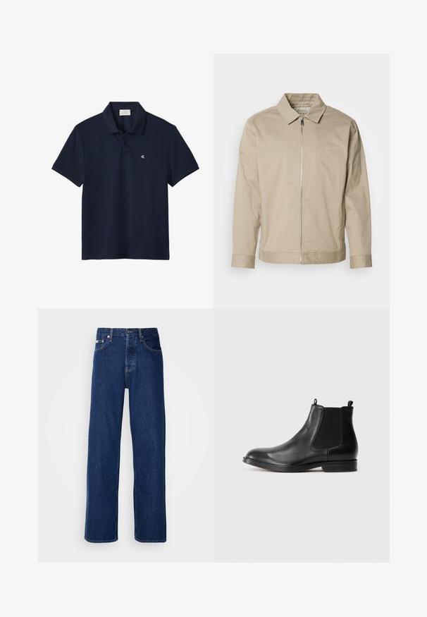 Beige letvægtsjakke med krave, lynlås foran og broderet logo på venstre bryst. Glat tekstur med skræddersyet pasform.; Marineblå kortærmet poloshirt med krave og to knapper, med en lille hvid "cK" logo på venstre bryst.; Mørkeblå denimjeans med et bredt ben-design, der har en knaplukning og klassisk fem-lomme styling. Stoffet har en glat tekstur.; Sorte læder Chelsea støvler med elastiske sidepaneler, rund tå, trækstrop og en lav blokhæl. Glat tekstur og minimalistisk design.