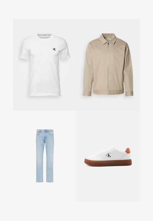 Beige letvægtsjakke med krave, lynlås foran og broderet logo på venstre bryst. Glat tekstur med skræddersyet pasform.; Hvid T-shirt med korte ærmer og rund hals med lille sort "CK"-logo på venstre bryst, mærke Calvin Klein Jeans, størrelse medium.; Lyseblå straight-leg jeans i denim med forreste knap, lynlås og design med fem lommer vist på hvid baggrund.; Hvid lavt snøresneaker med brun sål, orange hælstrop, snørebånd og "cK" logo på siden.