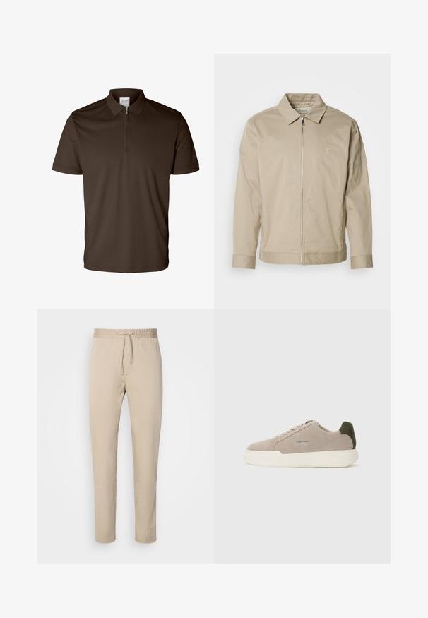 Beige leichte Jacke mit Kragen, Frontreißverschluss und gesticktem Logo auf der linken Brust. Glatte Textur mit taillierter Passform.; Dunkelbraunes Poloshirt mit kurzen Ärmeln, einem Kragen und halbem Reißverschluss vorne, dargestellt auf weißem Hintergrund.; Beige Hosen mit elastischem Bündchen und Kordelzug. Sie weisen ein gerades Bein-Design auf und sind aus einem glatten Stoff gefertigt.; Beige Wildledersneaker mit einer weißen Gummisohle, die einen dunkelgrünen Akzent an der Ferse und dezente Markenaufschrift an der Seite aufweisen.