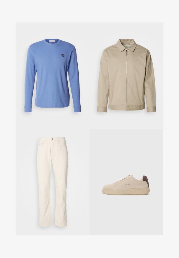 Beige letvægtsjakke med krave, lynlås foran og broderet logo på venstre bryst. Glat tekstur med skræddersyet pasform.; Langærmet blå ribbet T-shirt lavet af bomuld, med rund halsudskæring og et lille logo-patch i den øverste venstre brystområde.; Beige bomuldsjeans med et klassisk lige ben-design, der har en forreste knaplukning, fem lommer og diskrete syninger.; Beige ruskind sneakers med rund tå, snørret foran og en brun ruskindsdetalje på hælen. Har en tekstureret gummisål.