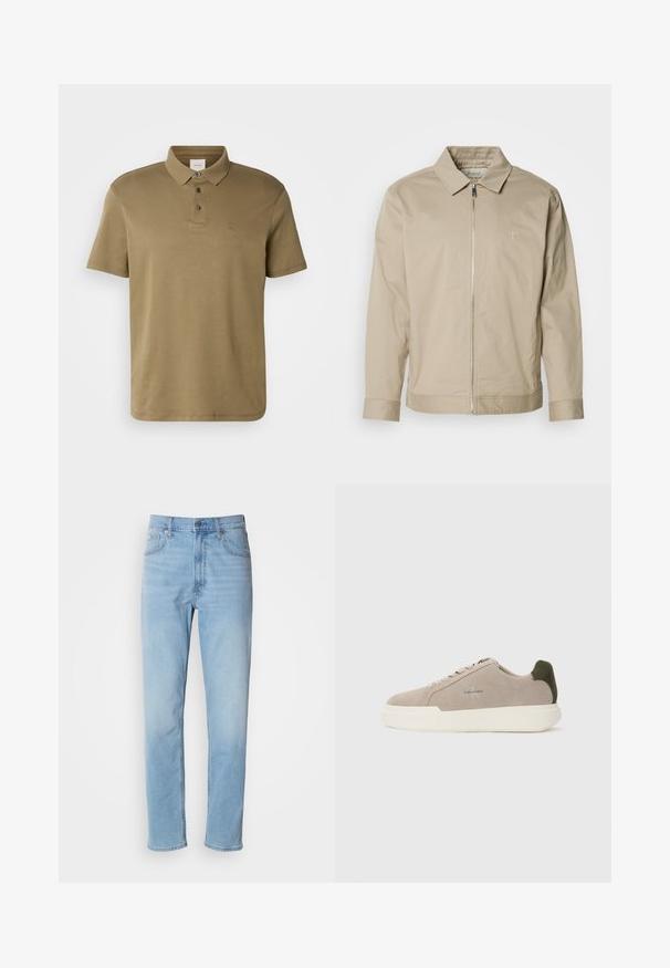 Veste légère beige avec un col, fermeture éclair à l'avant et logo brodé sur la poitrine gauche. Texture lisse avec une coupe ajustée.; Polo shirt vert olive en tissu doux, avec un col classique, trois boutons et un petit logo brodé sur la poitrine.; Jean en denim bleu clair avec une coupe droite, cinq poches et passants de ceinture. Le tissu présente une texture lisse avec un léger effet dégradé.; Baskets en suède beige avec une semelle en caoutchouc blanche, présentant un accent de talon vert foncé et une branding subtile sur le côté.