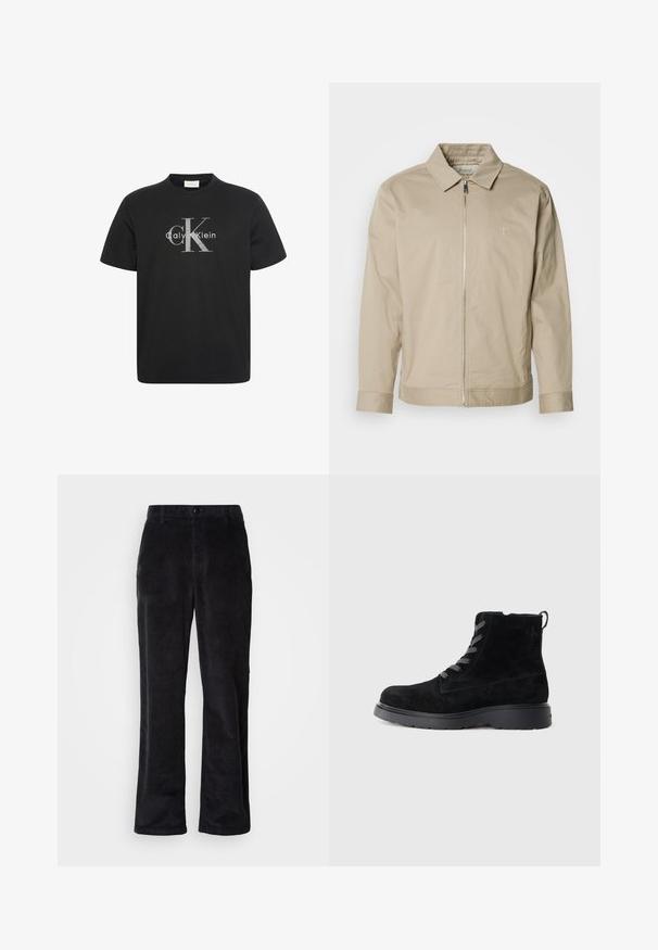 Beige leichte Jacke mit Kragen, Frontreißverschluss und gesticktem Logo auf der linken Brust. Glatte Textur mit taillierter Passform.; Schwarzes Kurzarm-T-Shirt mit großem grauem "cK" Logo und weißem "Calvin Klein" Text, zentriert auf der Brust.; Cordhosen in dunklem Schwarz mit geradem Bein, ausgestattet mit Knopfverschluss, Gürtelschlaufen und Seitentaschen für funktionalen Gebrauch.; Schwarze Wildleder-Stiefeletten mit einer strukturierten Oberfläche, runder Zehenpartie, grauen Schnürsenkeln und einer stabilen schwarzen Sohle. Verfügt über eine kleine Zuglasche an der Rückseite.
