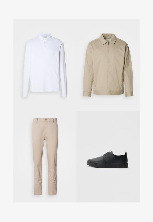 Chaqueta ligera beige con cuello solapa, cremallera frontal y logo bordado en el lado izquierdo del pecho. Textura suave con un corte ajustado.; Camisa polo blanca de manga larga hecha de una tela suave, con un cuello clásico, una tapeta de tres botones y un sutil logo en el pecho.; Chinos de algodón beige con corte recto, trabillas para cinturón, un solo botón frontal y una superficie lisa, sin texturizar. No se ven bolsillos.; Zapatilla negra de cuero con acabado suave, punta redondeada, costuras a tono, cordones en la parte delantera y suela de goma plana. Asa en el talón.