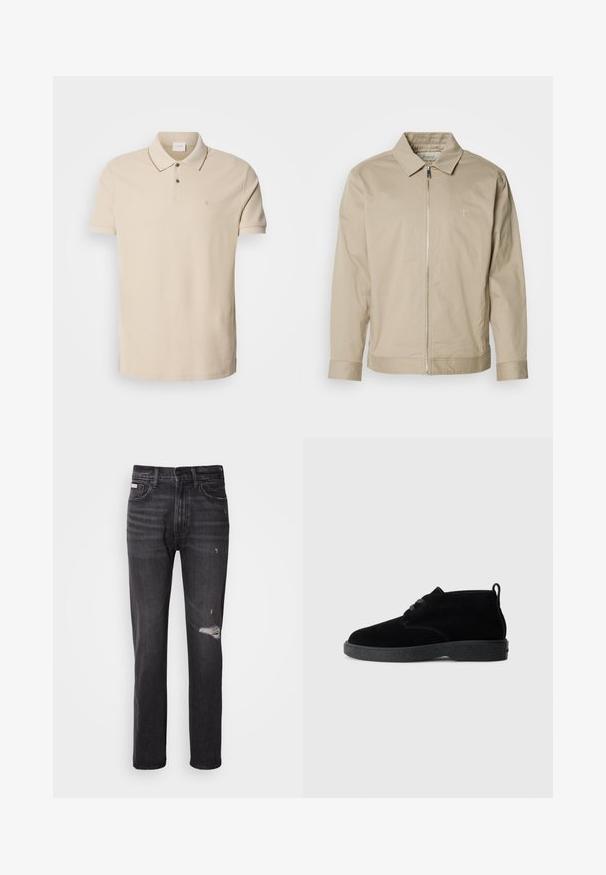Beige lichtgewicht jas met een kraag, rits aan de voorkant en geborduurd logo op de linkerkant van de borst. Glad textuur met een getailleerde pasvorm.; Beige polo shirt gemaakt van katoen, met een placket met twee knopen, korte mouwen en een klein logo op de borst. Contrasterende stiksel details.; Zwarte denim jeans met een rechte pijp, verwerkte details bij de knie, vijf-pocket styling en een subtiele vervaagde afwerking.; Zwarte suede enkellaarsjes met een ronde neus, vetersluiting, zwarte rubberen zool en een aantreklip aan de achterkant voor gemakkelijk aan- en uittrekken.