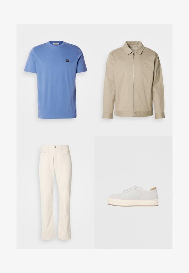 Beige letvægtsjakke med krave, lynlås foran og broderet logo på venstre bryst. Glat tekstur med skræddersyet pasform.; Lyseblå bomulds t-shirt med korte ærmer og rund hals, prydet med et lille mørkeblåt logo-patch på venstre bryst. Glat tekstur.; Beige bomuldsjeans med et klassisk lige ben-design, der har en forreste knaplukning, fem lommer og diskrete syninger.; Lys grå sneakers med en glat syntetisk overdel, rund tå og en struktureret crème mellemsål. Lysebrune accenter på hælen.
