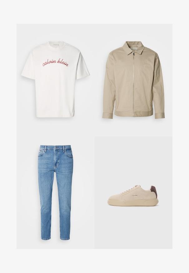 Beige letvægtsjakke med krave, lynlås foran og broderet logo på venstre bryst. Glat tekstur med skræddersyet pasform.; Hvid bomulds t-shirt med korteærmer, der har buet rød broderet tekst "calvin klein" tværs over brystet. Klassisk crew neck design.; Lys blå denim jeans med lige snit, fem-lomme design og subtilt slid. Har knaplukning og bæltestropper.; Beige ruskind sneakers med rund tå, snørret foran og en brun ruskindsdetalje på hælen. Har en tekstureret gummisål.