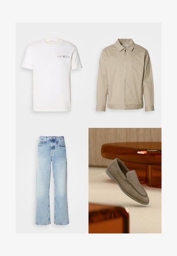 Veste légère beige avec un col, fermeture éclair à l'avant et logo brodé sur la poitrine gauche. Texture lisse avec une coupe ajustée.; T-shirt en coton blanc avec un col rond, des manches courtes et un logo imprimé. Présente un design minimaliste et une coupe décontractée.; Jean large bleu clair à taille haute, avec une finition délavée, des passants de ceinture et un design classique à cinq poches. L'ourlet est brut.; Mocassin beige en daim à enfiler avec coutures visibles et semelle claire, positionné au-dessus d'un tapis crème, avec un meuble translucide orange en arrière-plan.