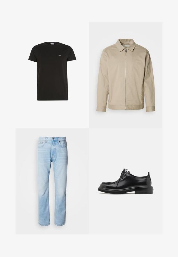 Veste légère beige avec un col, fermeture éclair à l'avant et logo brodé sur la poitrine gauche. Texture lisse avec une coupe ajustée.; T-shirt en coton noir avec un col rond et des manches courtes, portant une petite étiquette de marque sur la poitrine. Texture lisse, design décontracté.; Jean en denim bleu clair, à coupe droite, avec des sections décolorées, design à cinq poches et fermeture à bouton classique.; Calvin Klein LACE UP APRON BRUSH OFF - Derbies - black