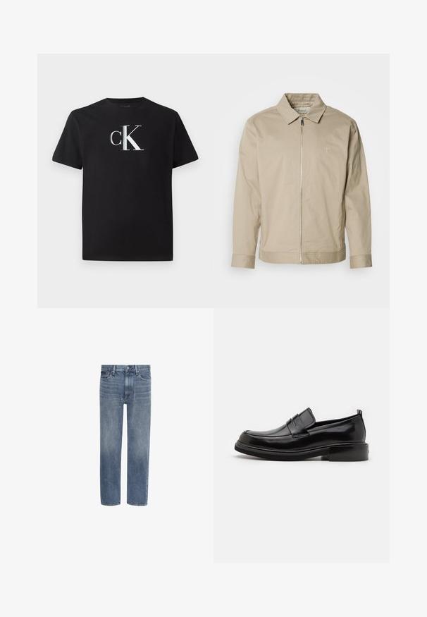 Beige lichtgewicht jas met een kraag, rits aan de voorkant en geborduurd logo op de linkerkant van de borst. Glad textuur met een getailleerde pasvorm.; Zwarte katoenen t-shirt met een zilveren "ck" logo aan de voorkant. Korte mouwen en een ronde halslijn met een normale pasvorm.; Blauwe spijkerbroek met rechte pijpen, voorzakken, riemlussen en een knoopsluiting.; Calvin Klein MOCCASIN - Zakelijke loafers - black