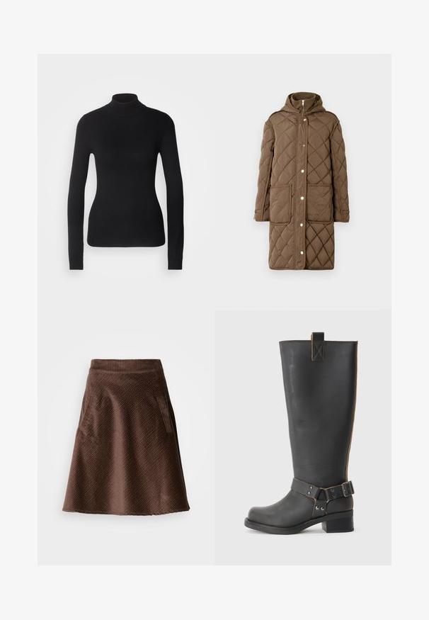 Quilted brun knælængde frakke med hætte, der har trykknap lukning foran og to frontlommer. Struktureret diamantmønster over det hele.; Sort turtleneck sweater lavet af let strikket stof. Har lange ærmer, et tætsiddende design og en blød ribbet tekstur.; Brun kordfløjlsskjørt med en udvidet form, der har en tekstureret overflade, diagonale ribber og to sidelommer.; Sorte læderknæhøje støvler med en tekstureret overflade, der har en sidebuckle-detalje og en lav hæl. Særligt detaljeret syninger langs sømmene.