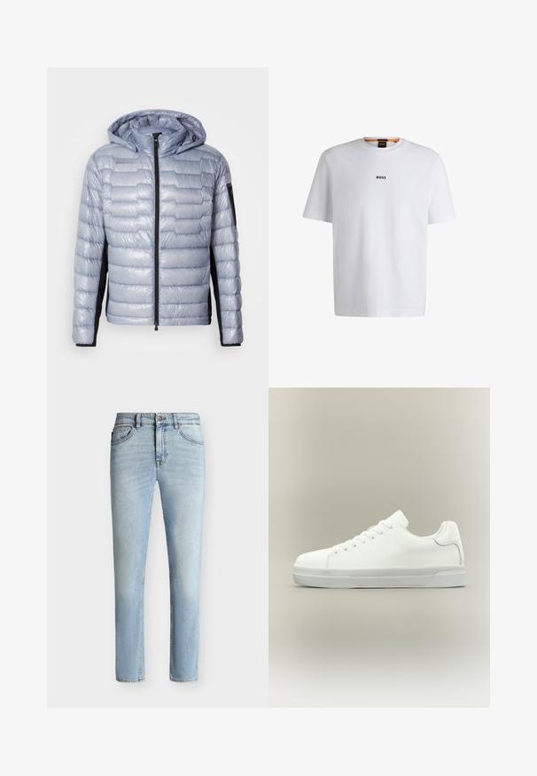 Helle blaue Daunenjacke mit schwarzen Seitenpanelen, Frontreißverschluss, angenhmeter Kapuze und Reißverschluss-Tasche am linken Ärmel.; Weißes Baumwoll-T-Shirt mit kurzen Ärmeln, ausgestattet mit einem schwarzen "BOSS"-Logo, das mittig auf der Brust platziert ist, und einem runden Halsausschnitt.; Hellblaue Slim-Fit-Jeans aus Denim mit vorne Knopf und Reißverschluss, Fünf-Taschen-Design und subtiler Verblassung vom Oberschenkel bis zum Knie.; Weißer Sneaker in niedriger Schnittform mit Schnürung vorne, gepolstertem Kragen und strukturiertem Gummisohle, seitlich auf neutralem Hintergrund dargestellt.