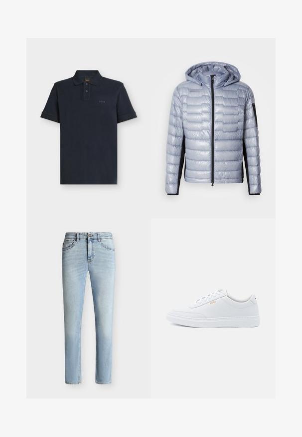 Helle blaue Daunenjacke mit schwarzen Seitenpanelen, Frontreißverschluss, angenhmeter Kapuze und Reißverschluss-Tasche am linken Ärmel.; Marineblaues Polo-Shirt mit kurzen Ärmeln, Zwei-Knopf-Leiste und dezentem "BOSS"-Logo auf der linken Brust.; Hellblaue Slim-Fit-Jeans aus Denim mit vorne Knopf und Reißverschluss, Fünf-Taschen-Design und subtiler Verblassung vom Oberschenkel bis zum Knie.; Weiße Leder-Sneaker mit glatter Textur, runder Zehenpartie und tonal abgestepptem Design. Mit blauen Schnürsenkeln und einem goldenen Logo an der Seite.