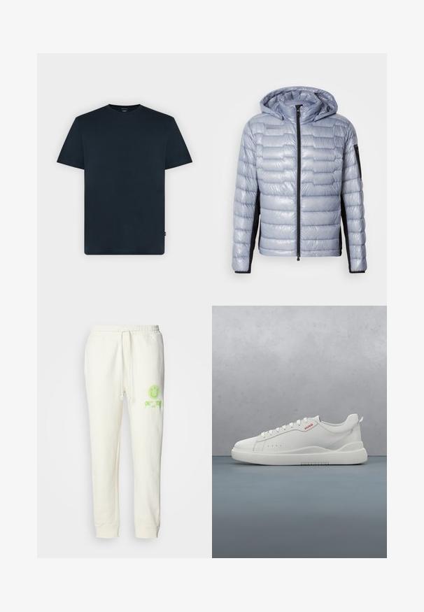 Lyseblå dunjakke med sorte sidelapper, front lynlås, fasthæftet hætte og lynlåslomme på venstre ærme.; Mørk marineblå T-shirt med korte ærmer og rund halsudskæring med subtilt præget logo på brystet og lille sidelabel på en ensartet lys baggrund.; Cremefarvede sweatpants lavet af bomuldsblanding, med elastisk talje, snøre og lysegrøn trykt smiley-logo foran.; Hvide sneakers med en glat læderfinish, rund tå, fire snørehuller, subtile perforeringer og en rød logo detalje på siden.
