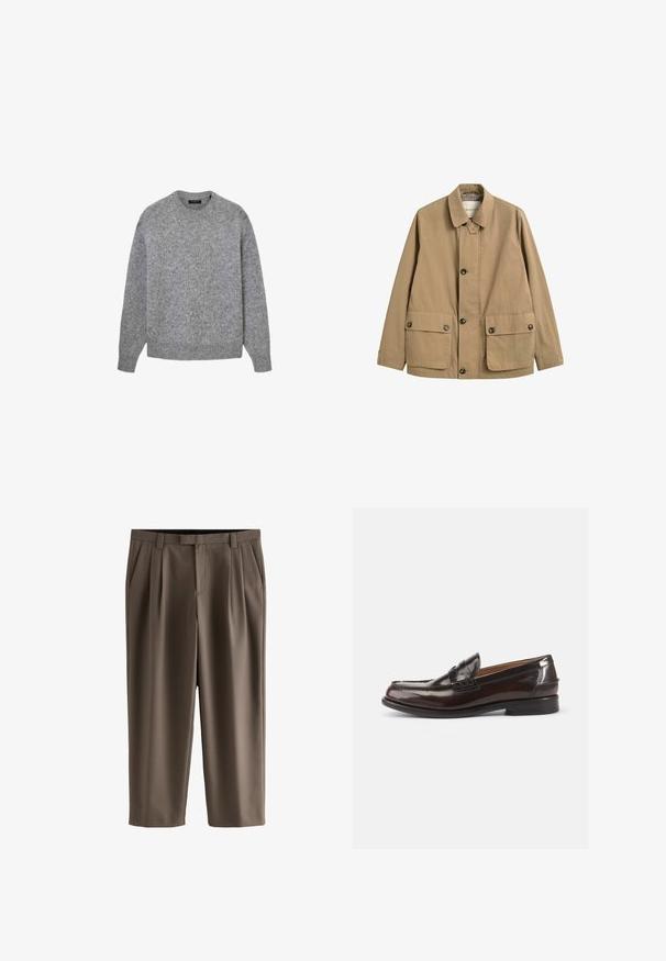 Veste marron clair boutonnée avec col, deux poches à rabat avant avec boutons et manches longues, présentée sur un fond blanc uni.; Pull gris à manches longues en maille avec col rond, poignets et ourlet côtelés, présenté sur fond blanc.; Pantalon court marron avec passants pour ceinture, poches latérales, fermeture éclair à l’avant et plis sur les deux jambes.; Mocassins en cuir marron avec une finition brillante, un design cousu à l'orteil et un talon bas. Détail de marque embossé sur le côté.