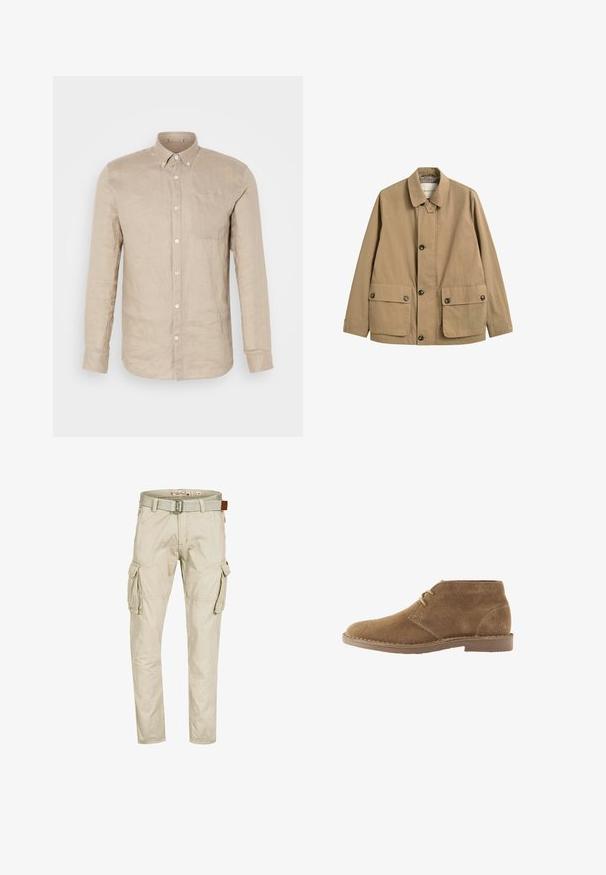 Hellbraune, geknöpfte Jacke mit Kragen, zwei vorderen Klappentaschen mit Knöpfen und langen Ärmeln, auf einfarbigem weißem Hintergrund dargestellt.; Beige Leinen-Hemd mit langen Ärmeln, einer Brusttasche und weißen Knöpfen. Glatte Textur, lockere Passform und spitzer Kragen.; Beige Cargohose mit mehreren Klappentaschen, abgesteppten Kniedetails und einem passenden Stoffgürtel mit Metallschnalle.; Brauner Wildleder knöchelhoher Freizeitschuh mit zwei Ösen für Schnürsenkel und genähter Sohle vor weißem Hintergrund, Seitenansicht.