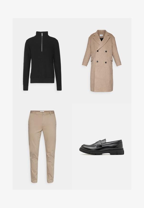 Dobbeltradet frakke i lys beige stof, med to forlommer, sorte knapper og en krave-design med snit. Glat texture.; Sort strikket pullover med høj krave, lynlås lukning, ribbede mansjetter og søm, med en glat tekstur og en tætsiddende silhuet.; Beige bomulds-chinos med et lige ben-design, der har en knaplukning, bæltestropper og sidelommer. Glat tekstur uden mønstre.; Sort læder loafersko med en bred rem over forfoden, gummisål med tykke mønstre og glat overflade. Klassisk, slankt design.