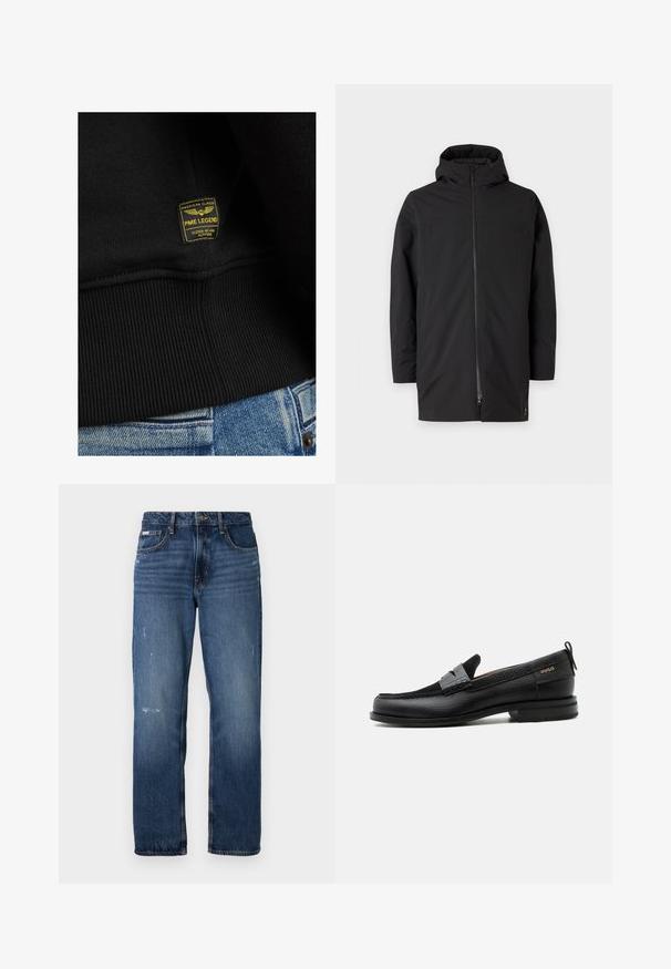 Schwarze Kapuzenjacke mit Reißverschluss, aus glattem, leichtem Material gefertigt. Besitzt ein sauberes Design und minimalistischen Stil.; Schwarzer Pullover mit geripptem Saum und einem gelb-schwarzen Etikett mit der Aufschrift "PME LEGEND", das auf den Stoff genäht ist. Texturiertes Baumwollmaterial.; Blaue Denim-Jeans mit geradem Bein. Sie verfügen über ausgewaschene Bereiche und leichte Abnutzungsspuren auf der Vorderseite sowie einen klassischen Knopfverschluss.; Schwarzer Lederloafer mit grauem Riemendetail, niedrigem Absatz und strukturierter Sohle, seitlich mit „HUGO“ in Gold gebrandmarkt.