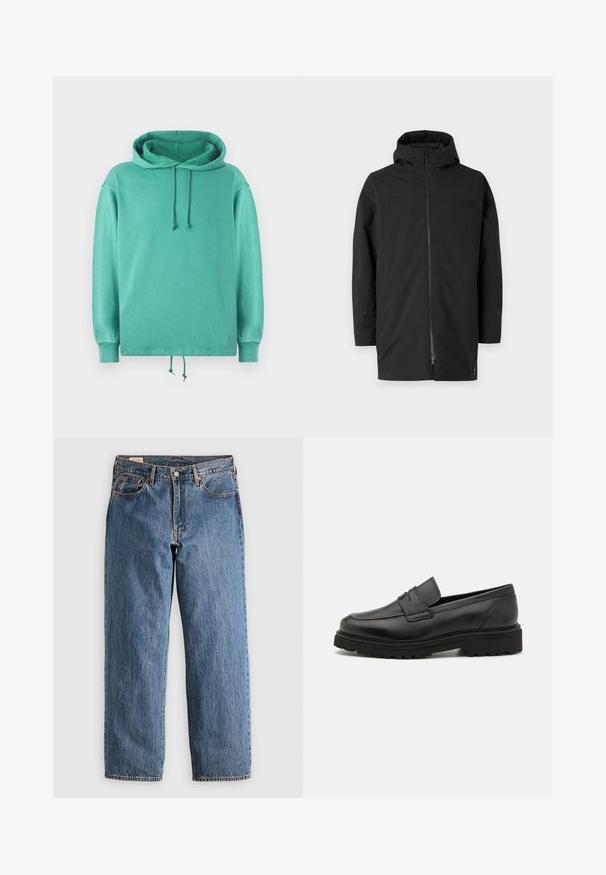 Sort hættejakke med lynlås, lavet af glat, let materiale. Har et rent design og minimalistisk stil.; Mintgrøn hoodie lavet af blødt stof med en afslappet pasform, der har en rummelig halsudskæring, snore og ribbede ærmer.; Blå denimjeans med lige snit, der har høj talje, kobbernitter og orange syninger. Foran og bagpå er der lommer.; Sort læder loafersko med rund tå, syningsdetaljer og en tyk, struktureret sål. Har et elegant, minimalistisk design.