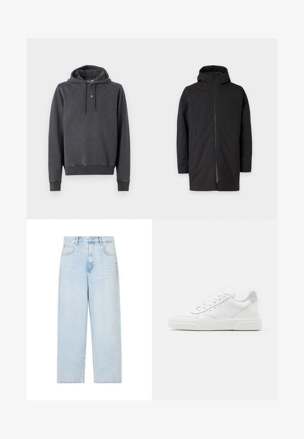 Sort hættejakke med lynlås, lavet af glat, let materiale. Har et rent design og minimalistisk stil.; Hættetrøje i mørkegrå, lavet af blød bomuldsblanding. Har en kængurulomme, ribbede manchetter og et lille logo på brystet.; Lysblå denim jeans med bred benvidde og høj talje, fem lommer og knaplukning. Glat tekstur med en falmet vaskefinish.; Hvide lædersneakers med en glat finish, rund tå, flade snørebånd og en struktureret sål. Grå ruskindsdetalje ved hælen.