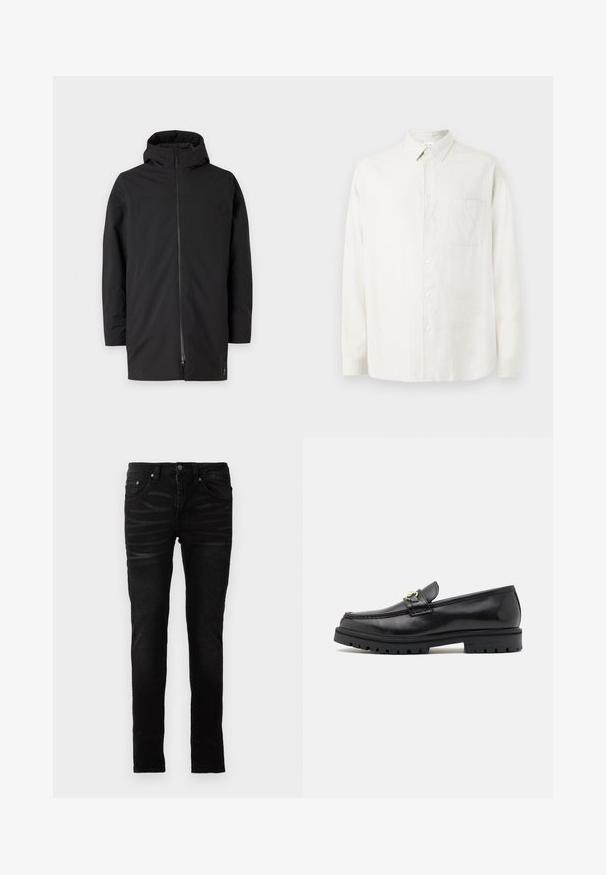 Schwarze Kapuzenjacke mit Reißverschluss, aus glattem, leichtem Material gefertigt. Besitzt ein sauberes Design und minimalistischen Stil.; Weißes Langarm-Hemd mit Knopfleiste und Kragen, einer einzelnen Brusttasche und einem dezenten strukturierten Muster auf dem Stoff.; Schwarze Skinny-Jeans mit einer glatten Denim-Oberfläche, traditionellem Fünf-Taschen-Design, Reißverschluss und dezenten Ausbleichungen auf dem Stoff.; Schwarze Lederloafers mit einer glatten Oberfläche, runder Zehenform, einem dekorativen Riemen mit goldfarbenem Zubehör und einer robusten schwarzen Sohle.