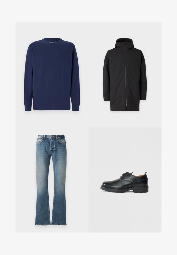 Chaqueta negra con capucha y cierre de cremallera, fabricada en un material suave y ligero. Presenta un diseño limpio y un estilo minimalista.; Camiseta de manga larga de color azul marino, hecha de algodón, con cuello redondo, dobladillo recto y puños acanalados. Diseño sencillo y sólido.; Jeans de mezclilla azul con efecto desgastado, corte recto, cierre de botón y cremallera, y diseño de cinco bolsillos.; Zapatos derby de cuero negro con una textura suave, punta redondeada, diseño de cordones y una suela de goma gruesa y resistente.