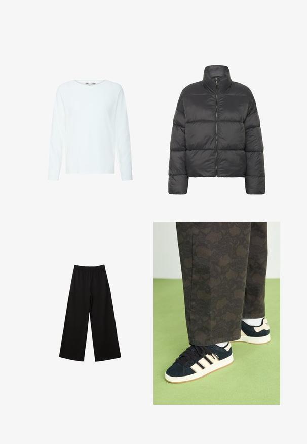 Doudoune noire avec un col haut, fermeture éclair et design matelassé. Fabriquée en matériau léger et lisse. Coupe courte.; T-shirt à manches longues blanc uni avec col rond, coupe décontractée, présenté sur un fond blanc.; Pantalons noirs à jambes larges avec une taille élastique, fabriqués en tissu lisse. Présentent une coupe ample et un design droit, à la cheville.; Pantalons noirs et à motifs associés à des baskets en suède marine avec des rayures crème et des semelles blanches. Les surfaces présentées sont texturées et plates.