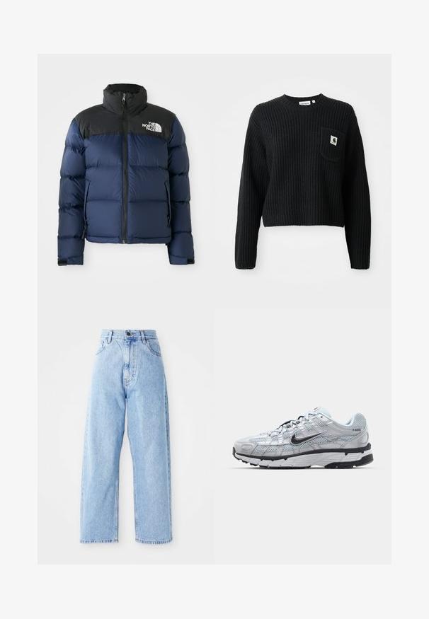 Doudoune bleu marine avec capuche et épaules noires, dotée d'une fermeture éclair à l'avant, d'un motif piqué et d'un logo sur la partie gauche de la poitrine.; Pull en maille côtelée noir avec un col rond, des manches longues et une poche avant arborant un petit patch logo. Longueur cropped.; Jeans en denim bleu clair taille haute avec des jambes droites larges, fermeture à bouton à l'avant, fermeture éclair et poches avant et arrière.; Baskets Nike P-6000 avec une tige en mesh gris clair, des accents noirs et une semelle en caoutchouc noir durable. Présente un design complexe et un système de laçage.