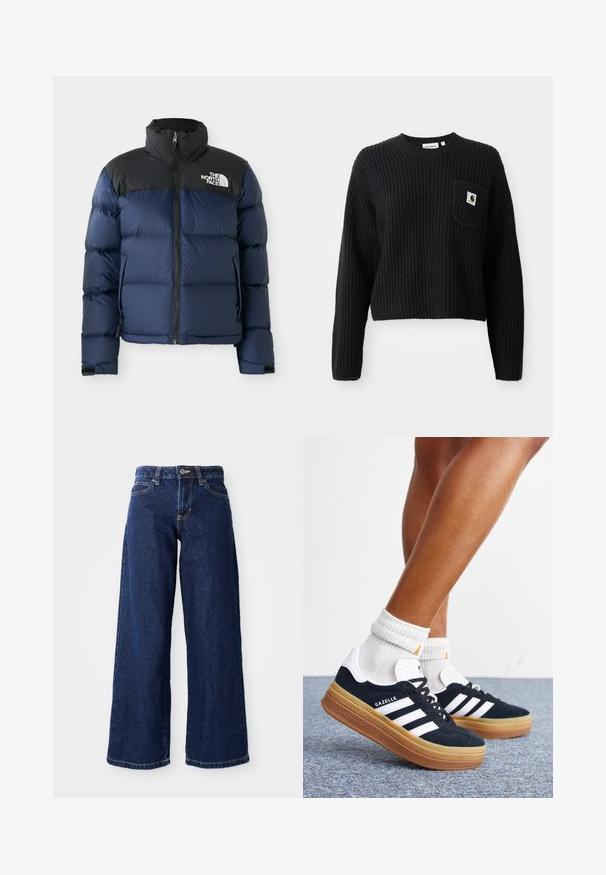 Marineblaue Steppjacke mit schwarzer Kapuze und Schultern, ausgestattet mit einem Reißverschluss vorne, genähtem Muster und Logo im linken Brustbereich.; Schwarzer gerippter Strickpullover mit rundem Ausschnitt, langen Ärmeln und einer Fronttasche mit einem kleinen Logopatch. Verkürzte Länge.; Dunkelblaue weit geschnittene Jeans aus Denim, mit einem Knopf- und Reißverschluss, Gürtelschlaufen und klassischem Fünf-Taschen-Design.; Beine mit weißen Socken und schwarzen Adidas Gazelle Sneakers mit weißen Streifen und dicken braunen Sohlen auf einem grauen Teppichboden.