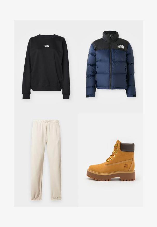 Mørkeblå puffjakke med sort hætte og skuldre, der har en frontlynlås, quiltet mønster og logo på venstre brystområde.; Sort sweatshirt fremstillet af bomuldsblanding, med rund halsudskæring, lange ærmer, ribbede manchetter og et lille hvidt logo på brystet.; Lyst beige joggingbukser med elastisk talje og justerbar snor samt manchetter ved anklerne. Har et lille logo på siden. Blød stoftekstur.; Tan vandtæt ankelstøvle med en robust gummisål, rund tå, brun læderkrave, gule snørebånd og et logo på siden.