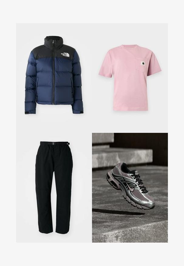 Chaqueta acolchada azul marino con capucha y hombros negros, que cuenta con un cierre frontal, patrón cosido y logotipo en el área del pecho izquierdo.; Camiseta de manga corta de color rosa claro con un bolsillo en el pecho izquierdo que lleva un pequeño parche con el logo de Carhartt.; Pantalones ligeros negros con cinturilla elástica y cinturón ajustable. Cuentan con piernas estrechas y paneles de rodilla reforzados para mayor durabilidad.; Zapatilla de running Nike Air Max con malla en plata, negro y púrpura, mostrada en el aire sobre una superficie de concreto y escalones.
