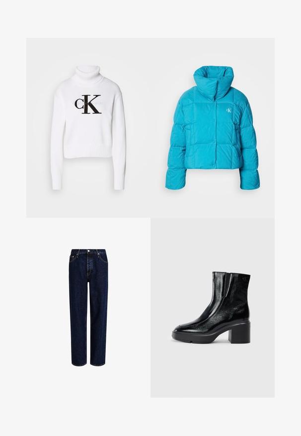 Afskåret pufferjakke i lys blå, lavet af blankt materiale. Har en høj krave, knaplukning og quiltet design med store kvadrater.; Hvid turtleneck sweater lavet af strikket stof. Har et cropped design, ribbede manchetter og kant, med et sort "CK" logo foran.; Mørkeblå denim jeans med lige ben-design, der har høj talje, fem-lomme-stil og kontrastsyninger. Ingen dekorationer.; Sorte patenterede læderankelstøvler med en buet tå, elastiske sidepaneler og en kraftig blokhæl. Har et præget logo på bagsiden.