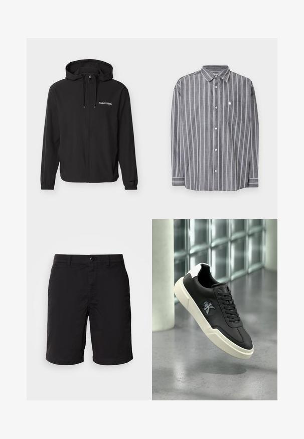 Must zip-up lukuga kapuutsiga jakk, millel on nöörid, elastsed varrukaservad ja vasakul rinnal valge "Calvin Klein" logo.; Pika varrukaga hall särk vertikaalsete valgete triipudega, eest nööbitav, rinnatasku ja klassikalise kraega, laotatud valgele taustale.; Mustad mustad kergedest kangast, millel on nuppe, standardne vöökoht ja sirge lõige. Ei ole mustreid ega nähtavaid aksessuaare.; Mustad toss musta tallaga ja valge tallaga, millel on küljele tõstetud "ck" logo, esitletud halli poleeritud põranda ja klaasplokkide seina taustal.