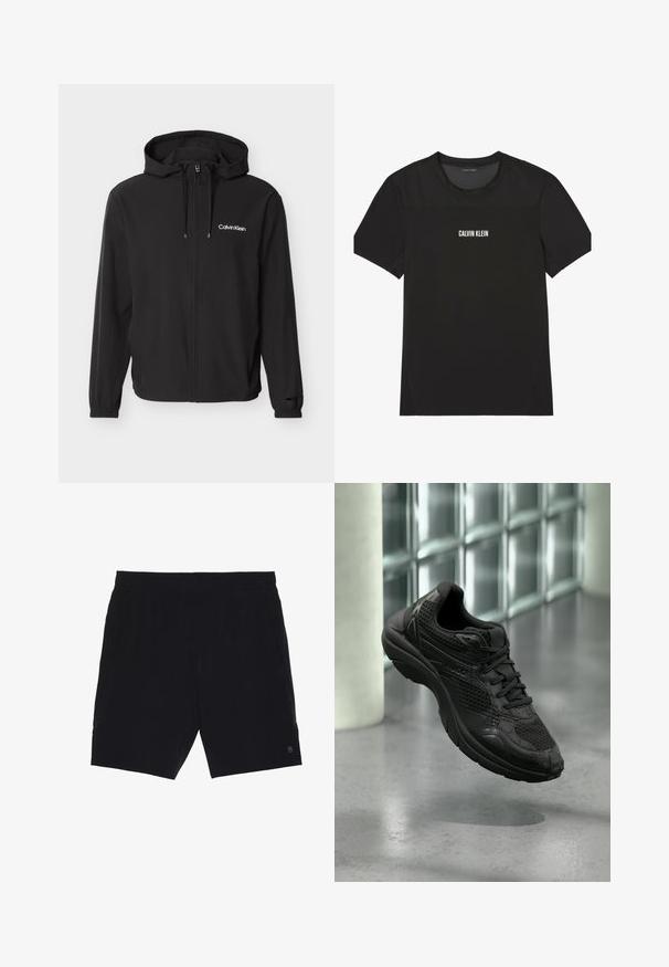 Schwarze Kapuzenjacke mit Reißverschluss, Kordelzügen, elastischen Bündchen und weißem "Calvin Klein"-Logo auf der linken Brust.; Schwarzes, kurzärmeliges Sport-T-Shirt mit Mesh-Einsatz im oberen Brust- und Schulterbereich, vorn zentriert mit dem "Calvin Klein"-Logo versehen.; Schwarze Shorts aus leichtem Material mit einem elastischen Bund, zwei seitlichen Taschen und einem kleinen Logo auf der unteren rechten Seite.; Schwarzer Sportschuh mit Mesh- und Leder-Details, schwebt über einem polierten Betonboden in der Nähe einer Glassteinwand in einem minimalistischen Innenraum.