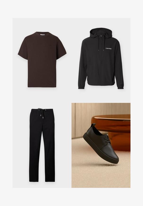 Veste noire à capuche avec fermeture éclair, cordons de serrage, poignets élastiques et logo blanc "Calvin Klein" sur le côté gauche de la poitrine.; T-shirt en coton marron avec col rond et manches courtes. Présente un logo discret sur la poitrine gauche et une coupe décontractée.; Pantalon noir en tissu léger, avec une taille élastique munie d'un cordon de serrage, jambes droites et poches latérales.; Baskets décontractées en cuir noir avec lacets, flottant au-dessus d'un tapis beige, avec une table en verre ambré arrondie en arrière-plan.