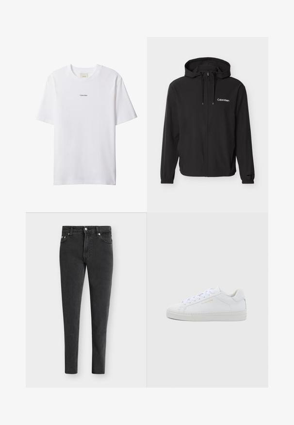 Čierna bunda s kapucňou na zips, so šnúrkami, elastickými manžetami a bielym logom "Calvin Klein" na ľavej strane hrudníka.; Biele bavlnené tričko s okrúhlym výstrihom a krátkymi rukávmi. Na hrudi uprostred je malý čierny nápis "Calvin Klein".; Čierne slim fit džínsy s piatimi vreckami, predným zapínaním na gombík a zips, zobrazené na rovnom bielom pozadí.; Biele kožené nízke tenisky s okrúhlou špičkou, plochými tkaničkami, štruktúrovanou podrážkou a jemným zlatým logom na boku. Hladký povrch a minimalistický dizajn.